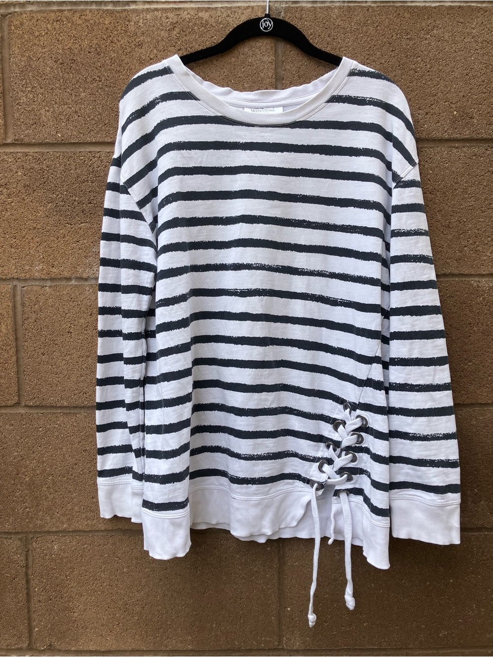 Motherhood Striped Maternity Sweatshirt with Lace-Up Detail